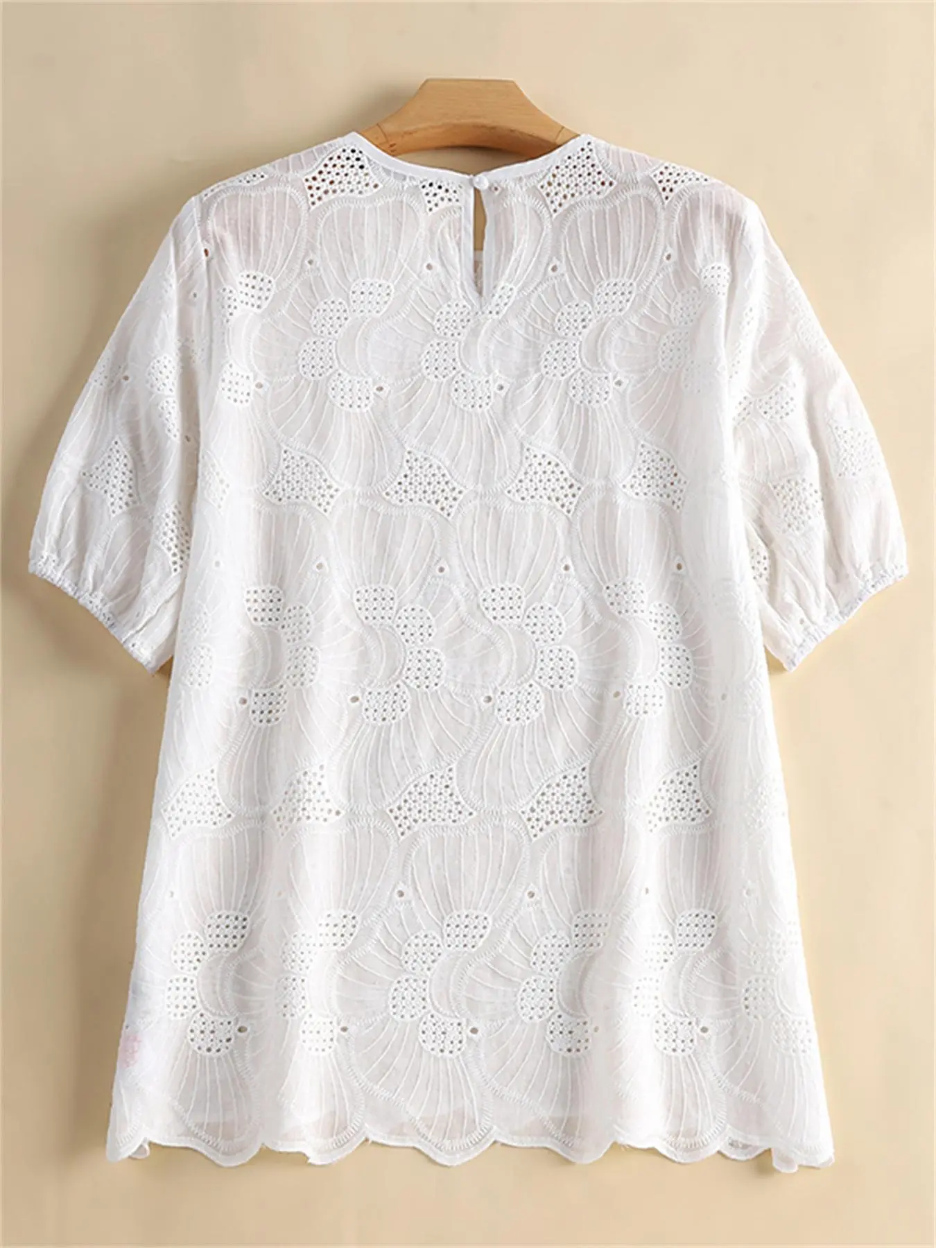 Plus Size Eyelet Embroidered Crew Neck Blouse, Elegant Short Sleeve Top For Spring & Summer, Womens Plus Size Clothing