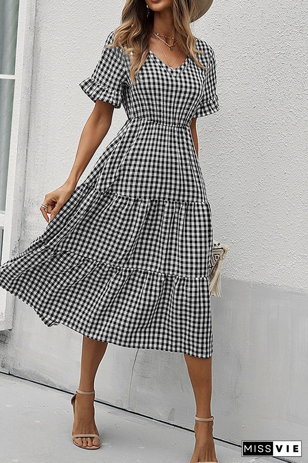 Plaid V-neck Short Sleeve Long Dress Wholesale