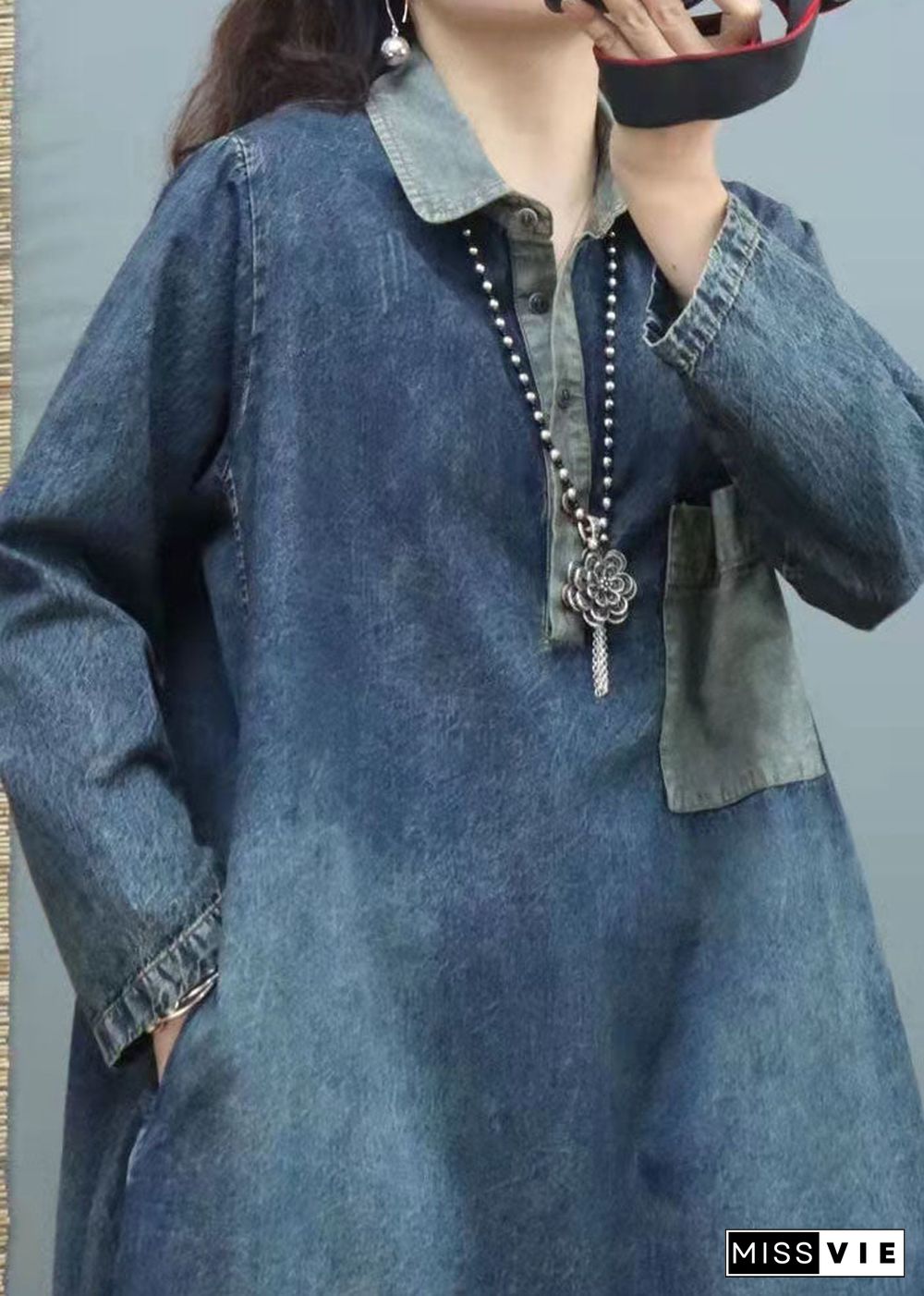 Handmade Blue V Neck Patchwork denim Dresses Winter