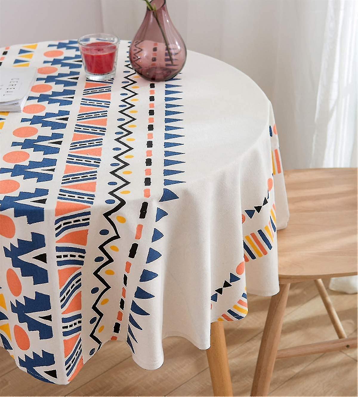 Cotton Linen Tablecloth Round Desk Protector Dust Oil Proof Table Cover For Kitchen Dining (multicolor Geometry)