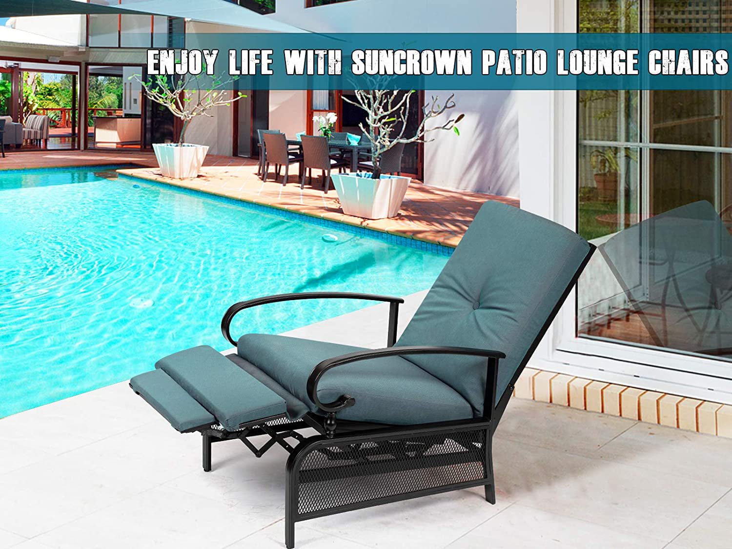 SUNCROWN Patio Recliner Outdoor Adjustable Lounge Chair Outdoor Metal Extendable Furniture Chair with Thick Cushion (Peacock Blue)