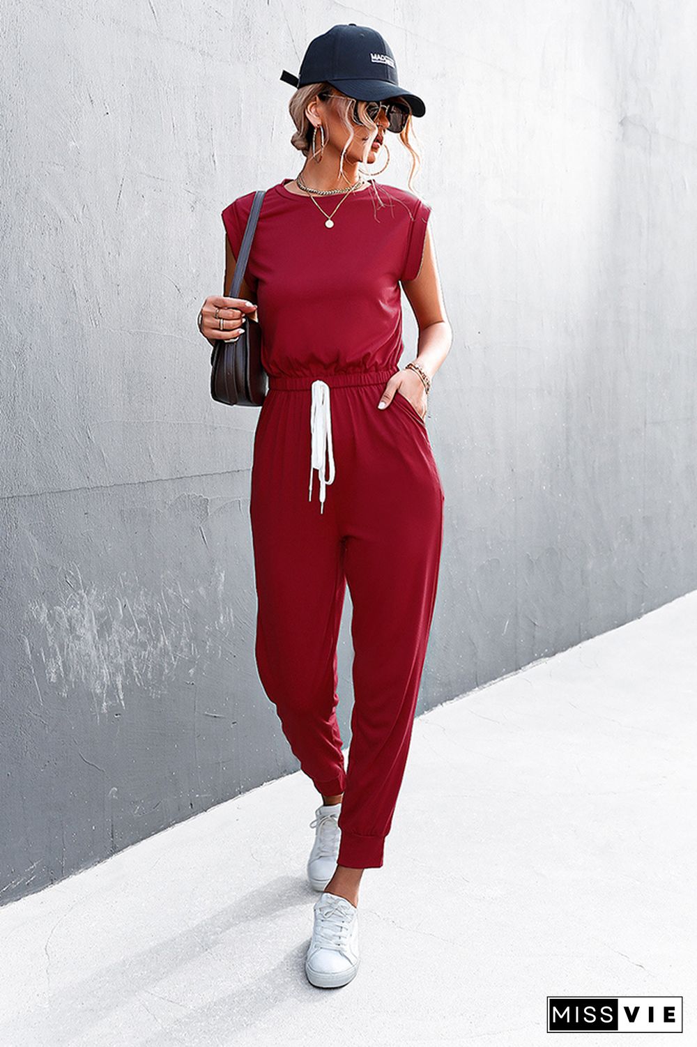 Solid Sleeveless Drawstring Waist Jumpsuit Wholesale