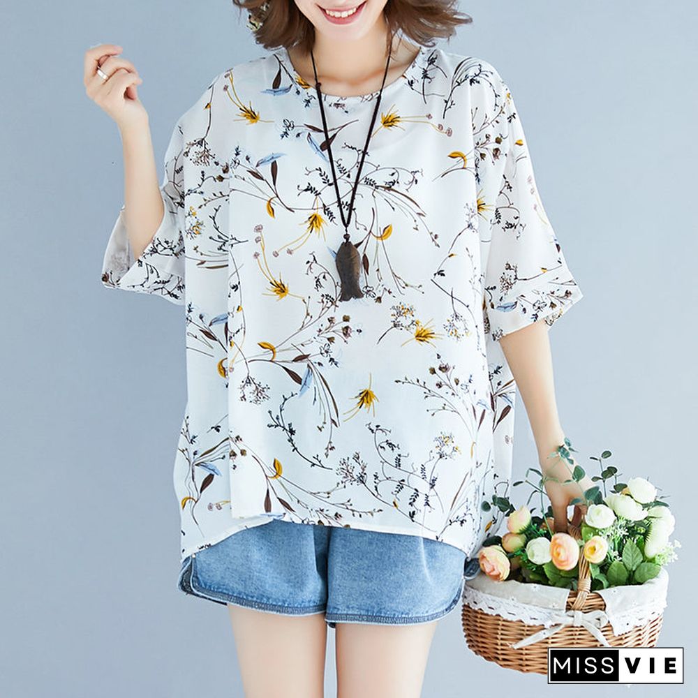 Summer White Print Silk Tops Plus Size Tie Bust Short Sleeve T Shirt