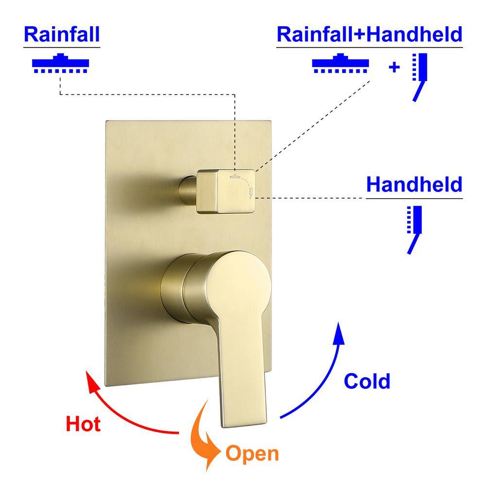 UKISHIRO 2-Spray Patterns with 1.8 GPM 10 in. Tub Wall Mount Dual Shower Heads in Brushed Gold (Valve Included) SMD0KN211020009