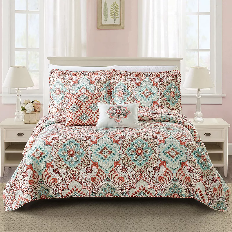 Serenta 5-piece Bennington Damask Printed Quilt Set with Coordinating Throw Pillows