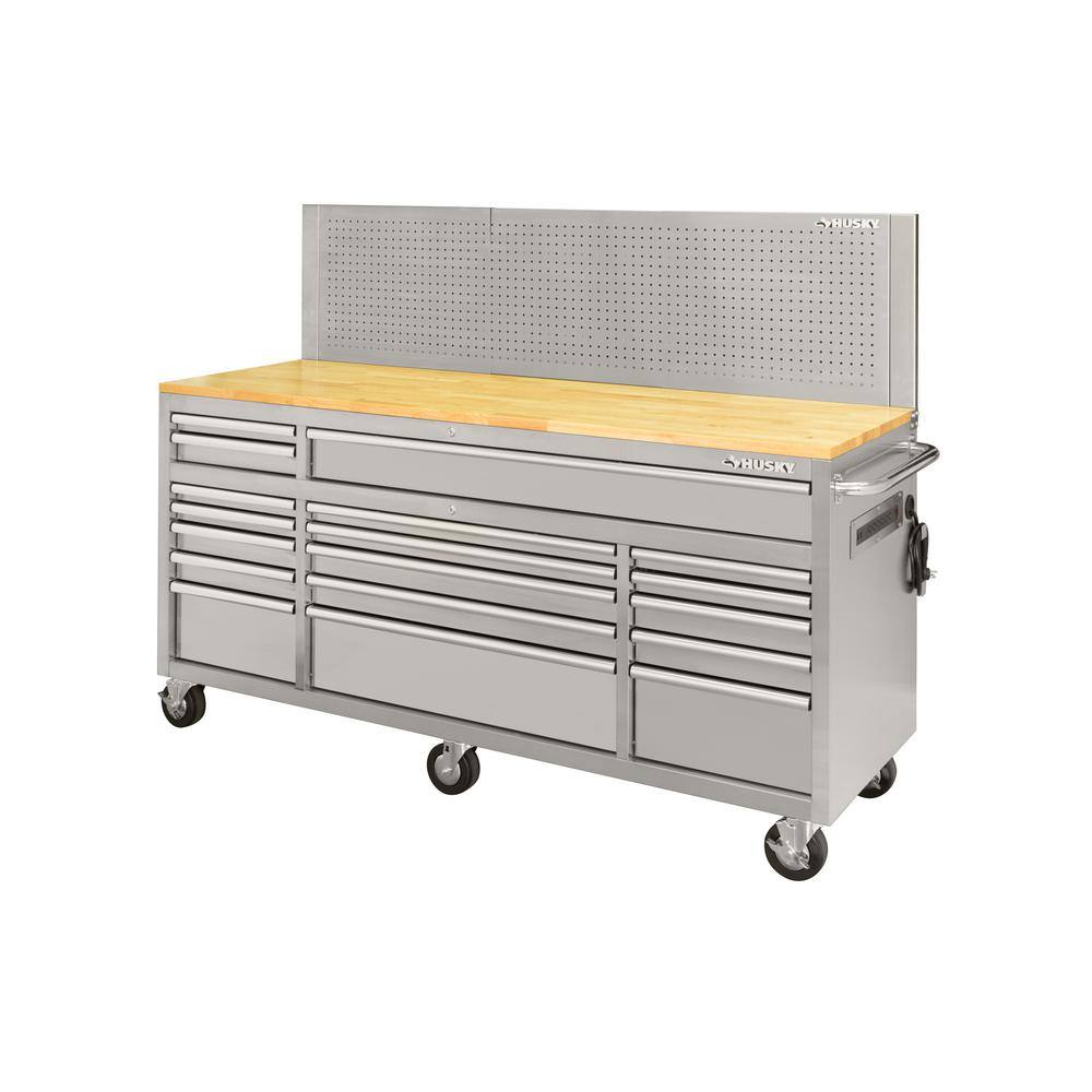 Husky 72 in. W x 24 in. 18-Drawer Standard Duty Mobile Workbench Tool Chest with Solid Top and Pegboard in Stainless Steel HOTC7218JX2M