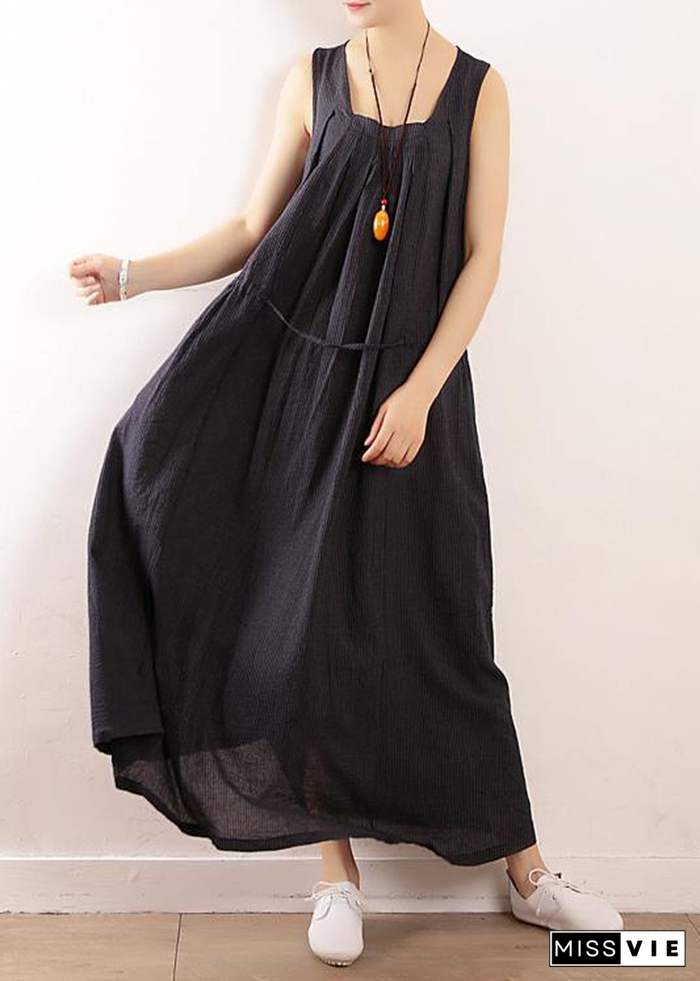 Elegant dark blue linen cotton Robes Fine Sewing Sleeveless drawstring Maxi Summer Dresses