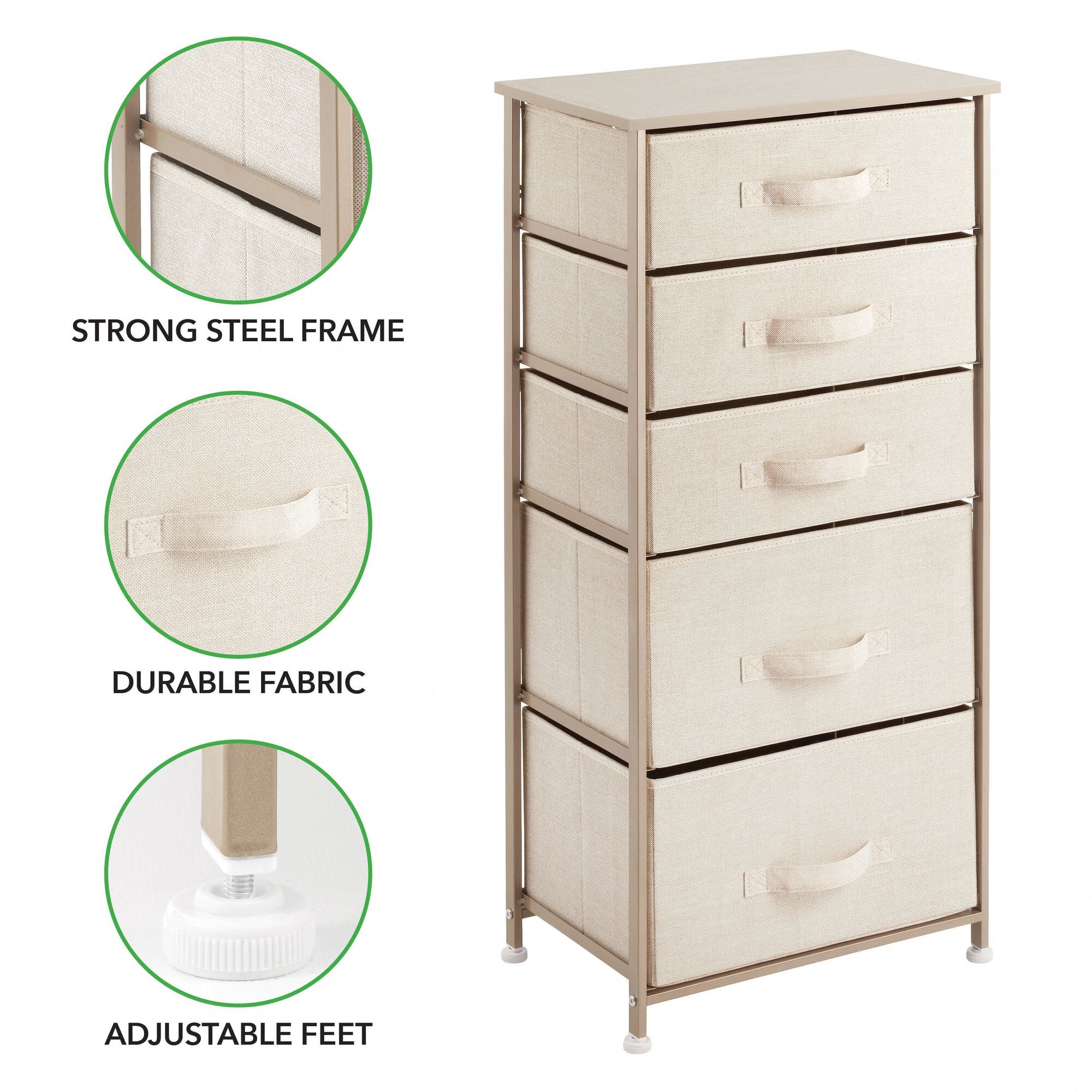 mDesign Storage Dresser Furniture Unit - Tall Standing Organizer Tower for Bedroom, Office, Living Room, and Closet - 5 Drawer Removable Fabric Bins - Cream/Gold