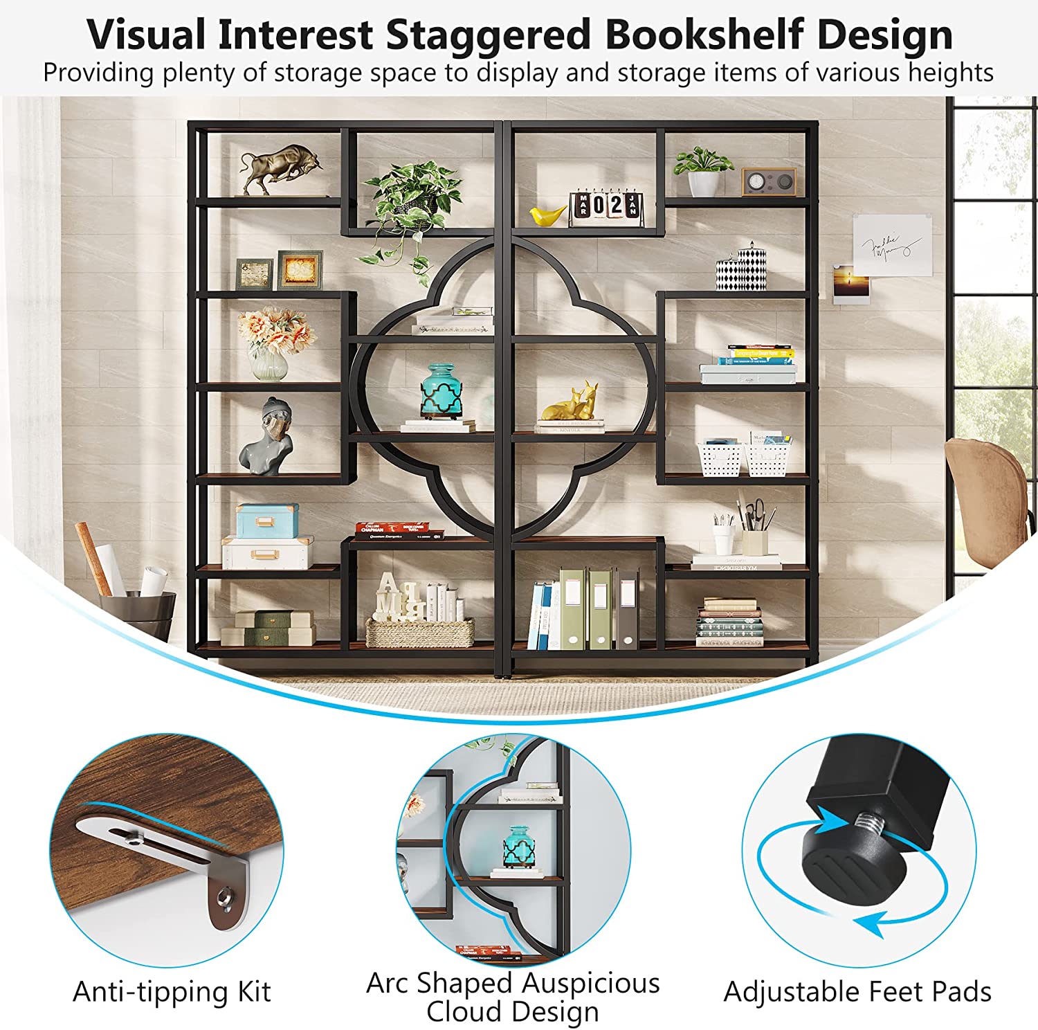 Industrial  Bookshelf, 11-Shelves Staggered Etagere 75 Tall Bookcase