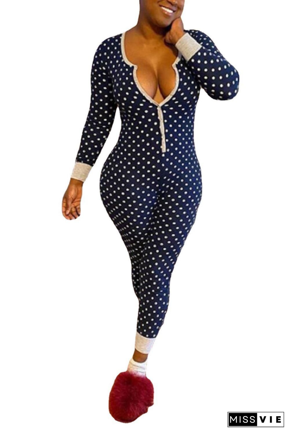 Long Sleeve Low Cut Print Sleepwear Jumpsuit