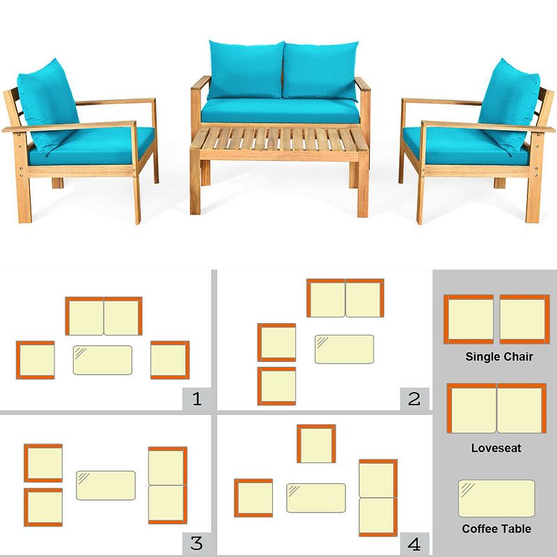 Outdoor 4 Pieces Acacia Wood Chat Set with Water Resistant Cushions