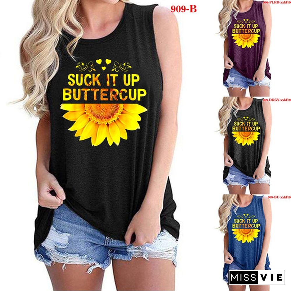 Summer Top Women Sleeveless SUCK IT UP BUTTERCUP Sunflower T-Shirts Casual Off Shoulder Printing O Neck Tank Top Vintage Fashion Streetwear