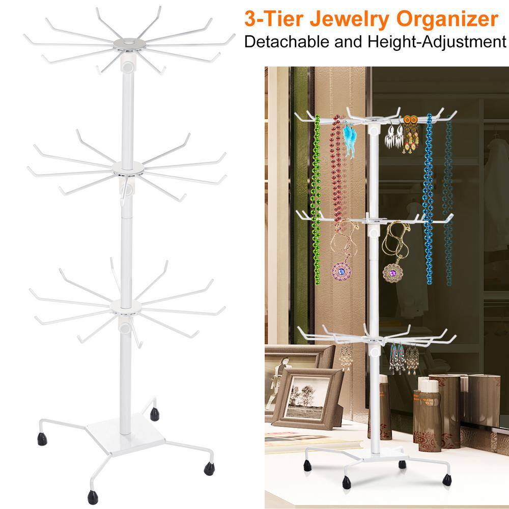 3-Tier White Metal Jewelry Rack 30-Hook Necklaces Bracelets Display Stand Organizer Spinning Tower Holder GM-H-391