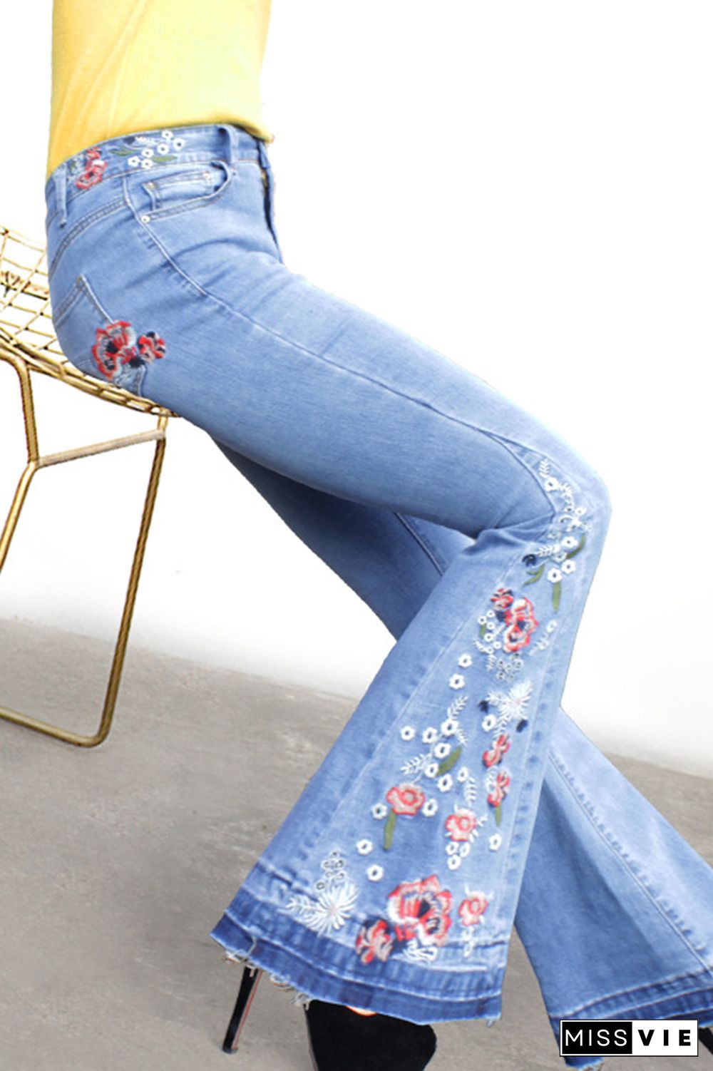 Bleach Embroidered Side Bell Bottom Flared Jeans Wholesale Boutique