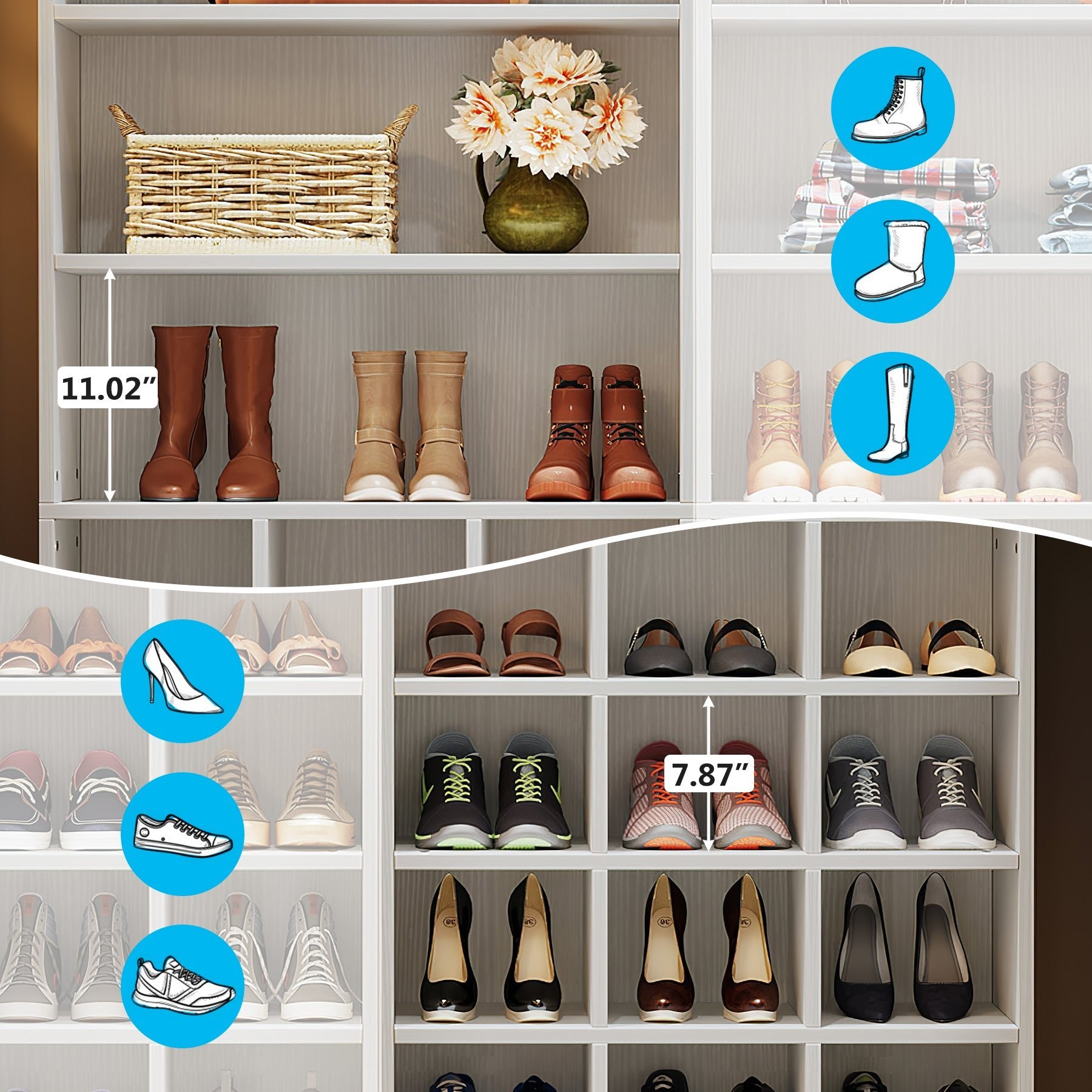 Freestanding Shoe Cabinet, 24 Pair Shoe Rack with Side Hooks