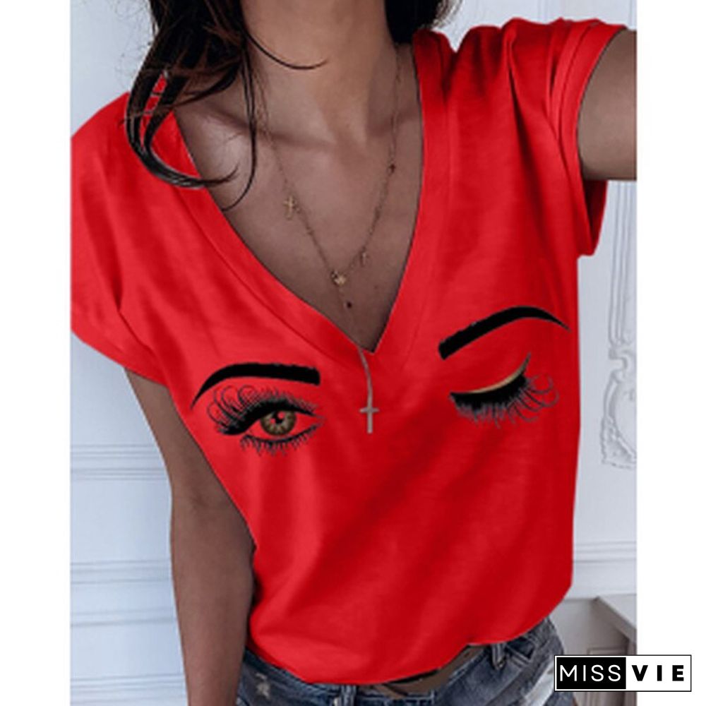 Fashion New Casual Tops Graphic Tshirts FemaleSummer Eyebrows Eye Print Short Sleeve V-neck Women T-shirt