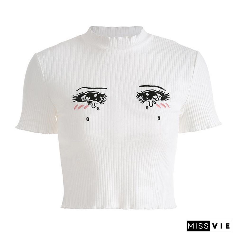 Cartoon Eyes Embroidery Ruffle Crop Top Fit T-Shirt