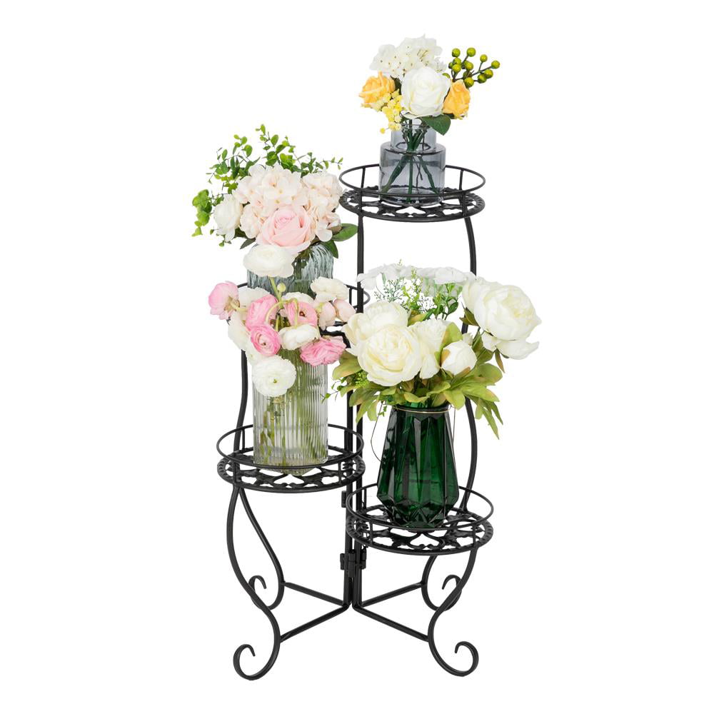 SalonMore 4-Tier Fluer-de-lis Pattern Adjustable Tray Metal Flower Pot Rack Plant Display Stand Shelf Holder Decor