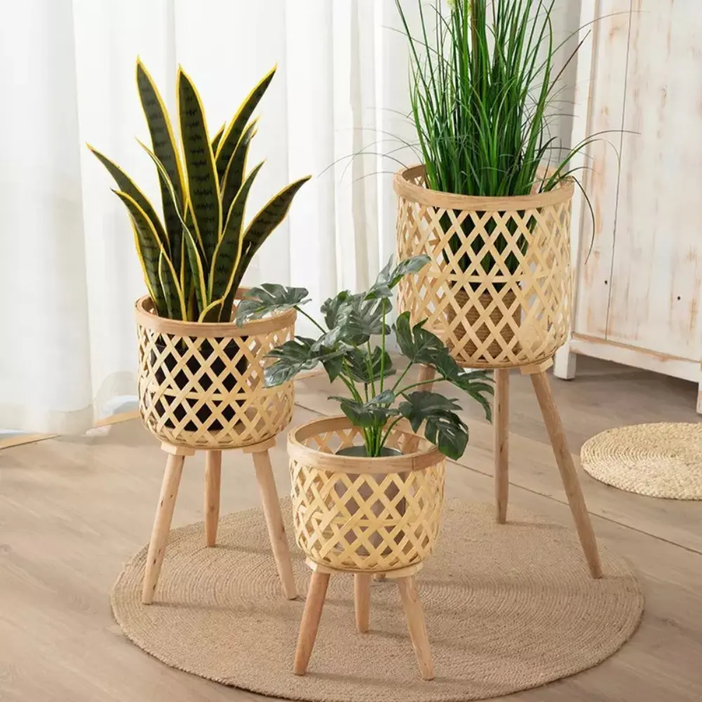 Bamboo Plant Stand  Assembly Planter Pot Cover Handmade Woven bamboo Flower Pots Rack Planter Basket for indoor outdoor garden