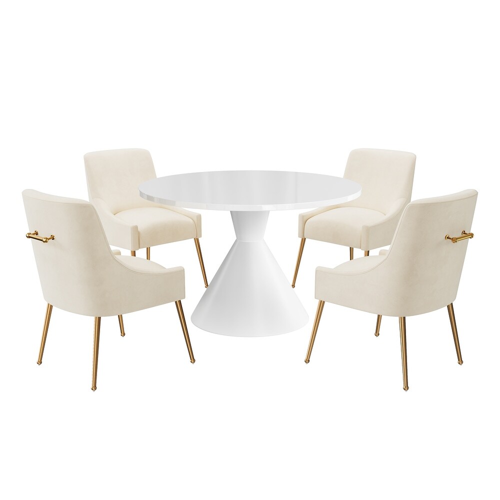 Clihome 5 Piece High Gloss White Table with Velvet Chair Dining Set