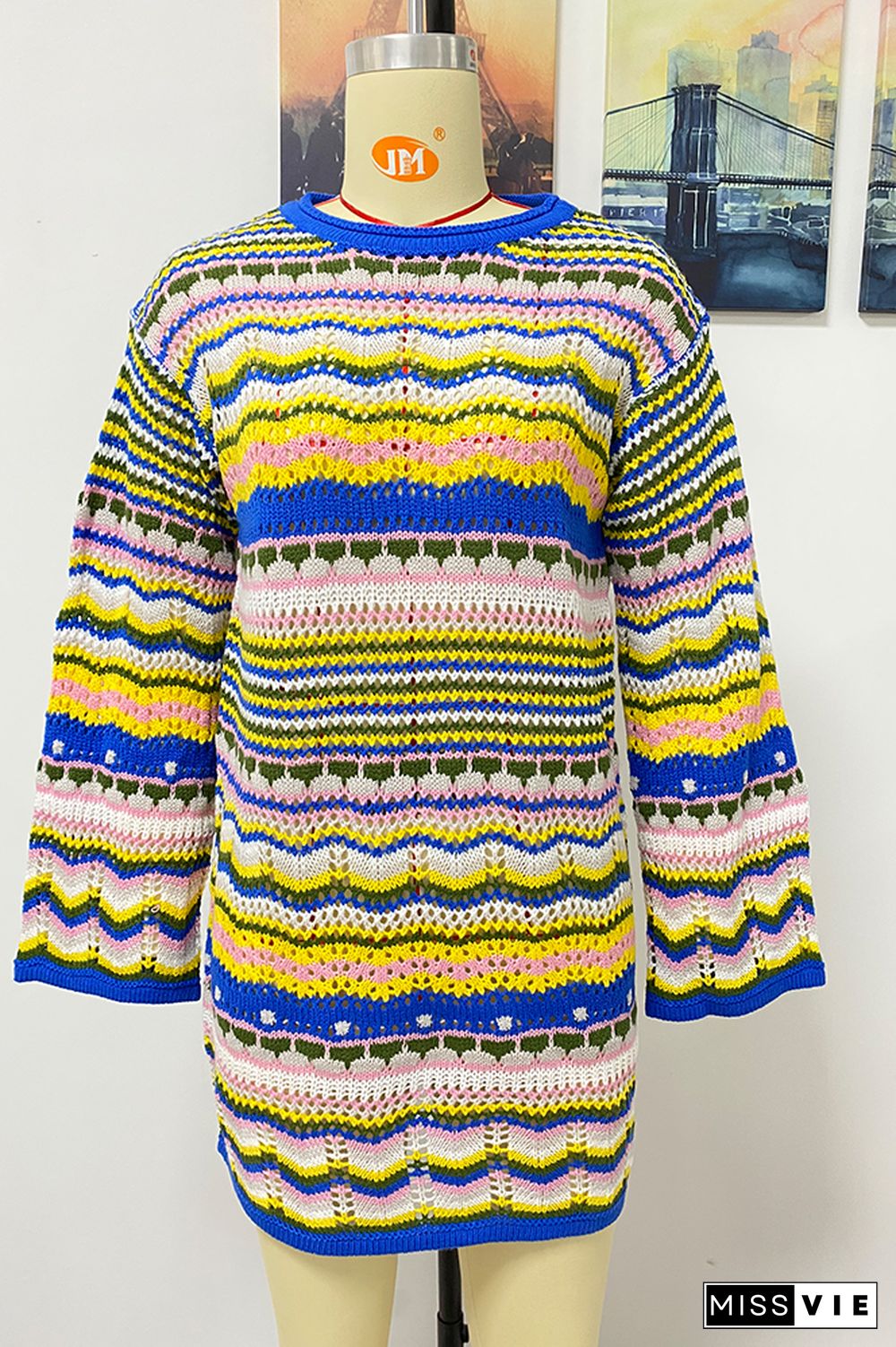 Rainbow Stripe Long Sleeve Knitted Dress Women Wholesale