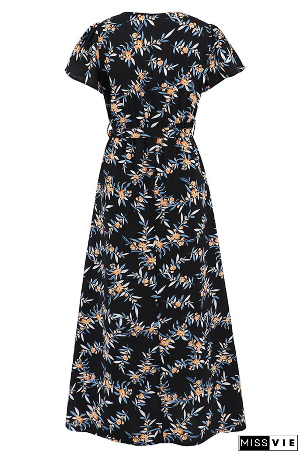 Flower Print Waist Tie Surplice Split Dress