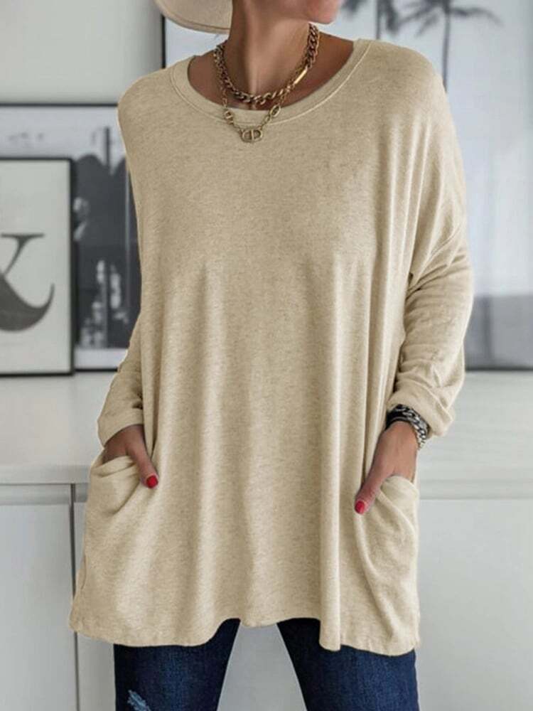 Solid Pocket Round Neck Long Sleeve T-Shirt