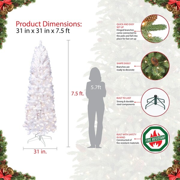 Puleo International PreLit 7.5' White Pencil Northern Fir Artificial Christmas Tree