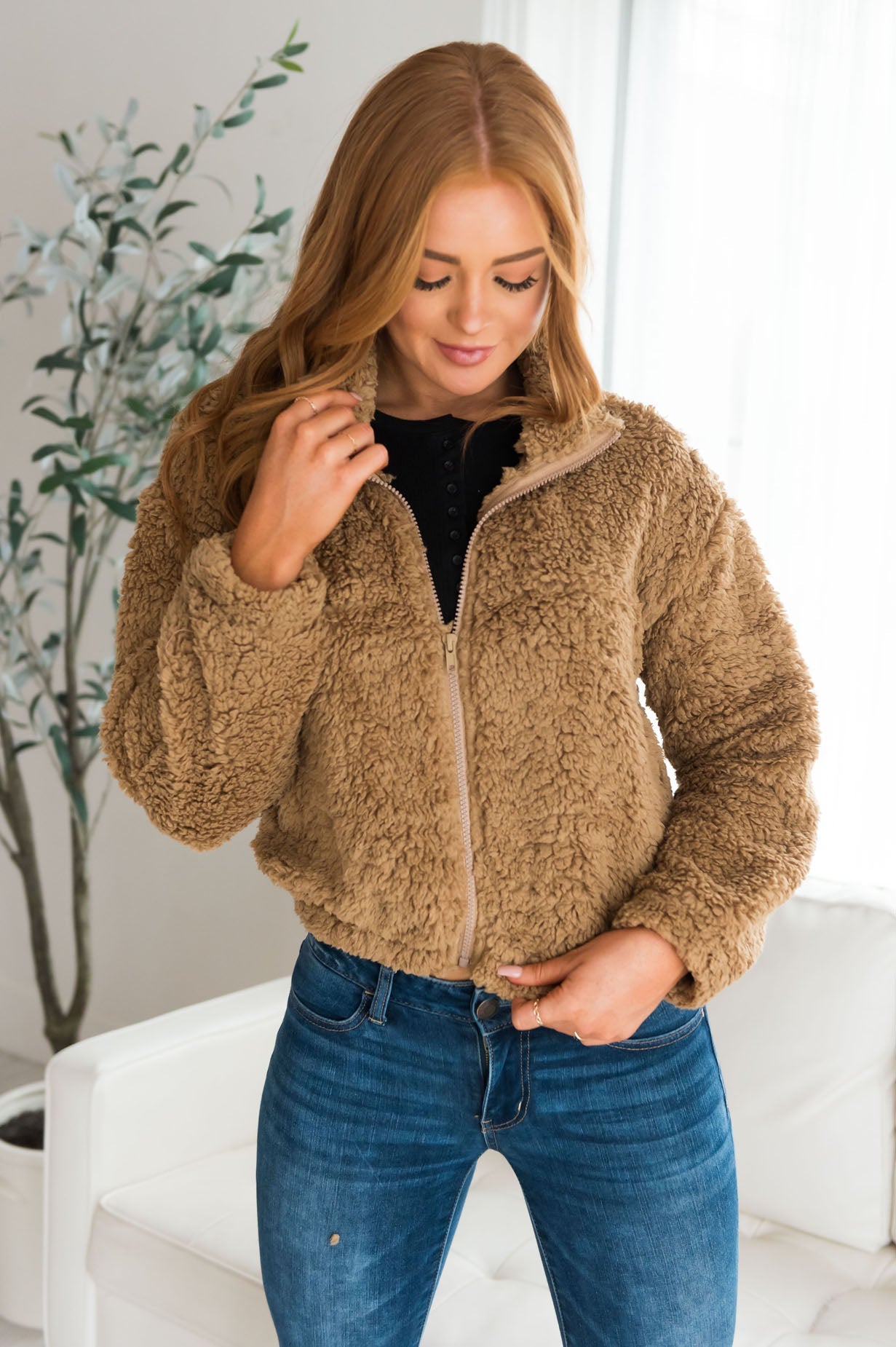 Let's Get Cozy Modest Fuzzy Zip Up Jacket