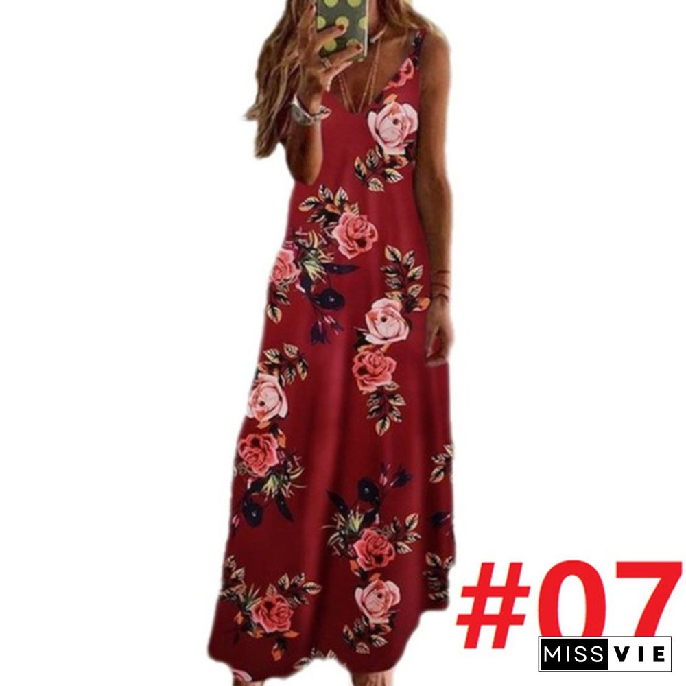 Women's Fashion Summer Sleeveless Floral Printing Sling Dress Deep V-Neck Slim Fit Big Swing Skirts Loose Casual Long Maxi Dresses Ladies Plus Size Party Dresses