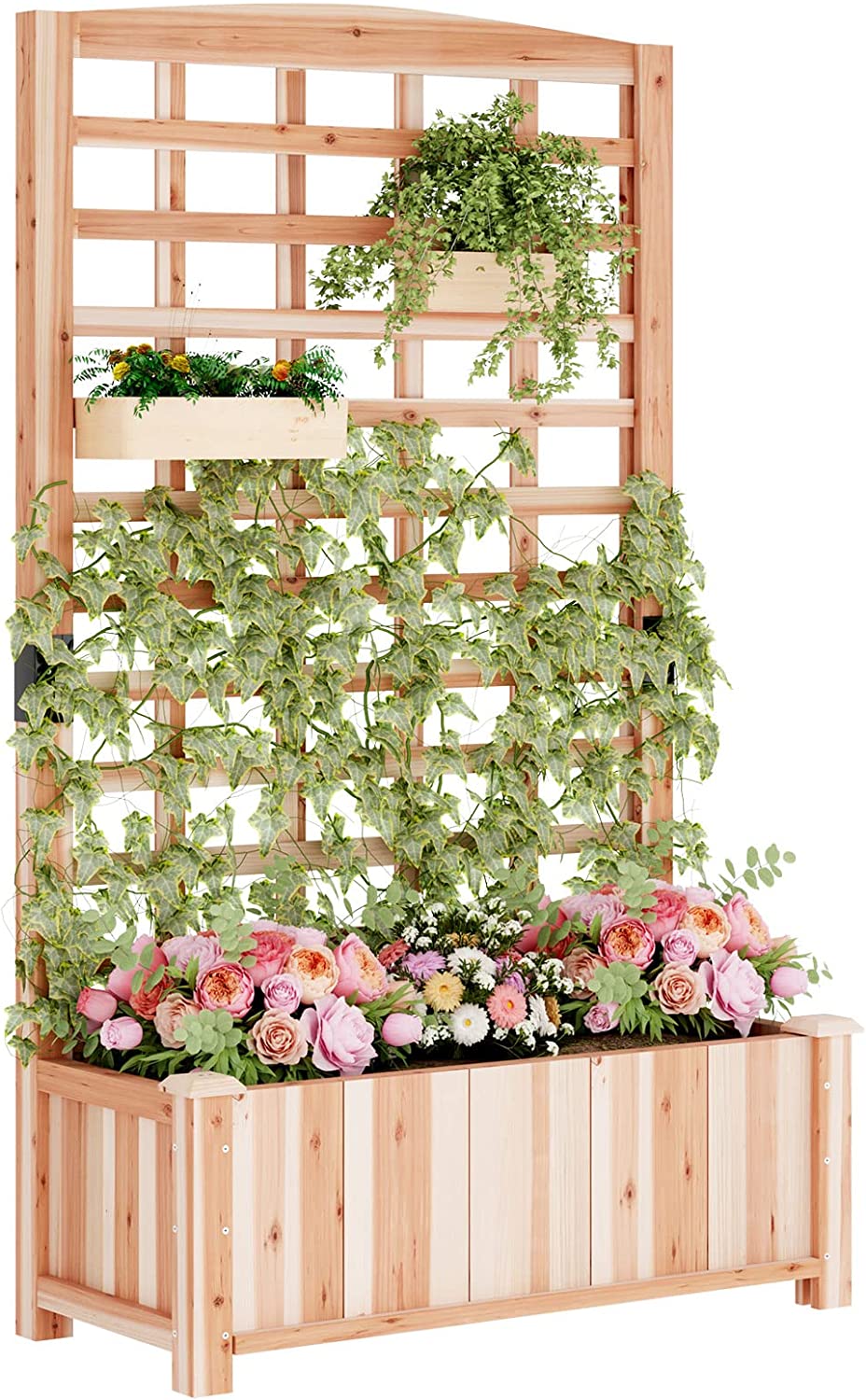 SogesPower Raised Garden Bed with Trellis, Wood Elevated Planter Box with Climbing Trellis, 60