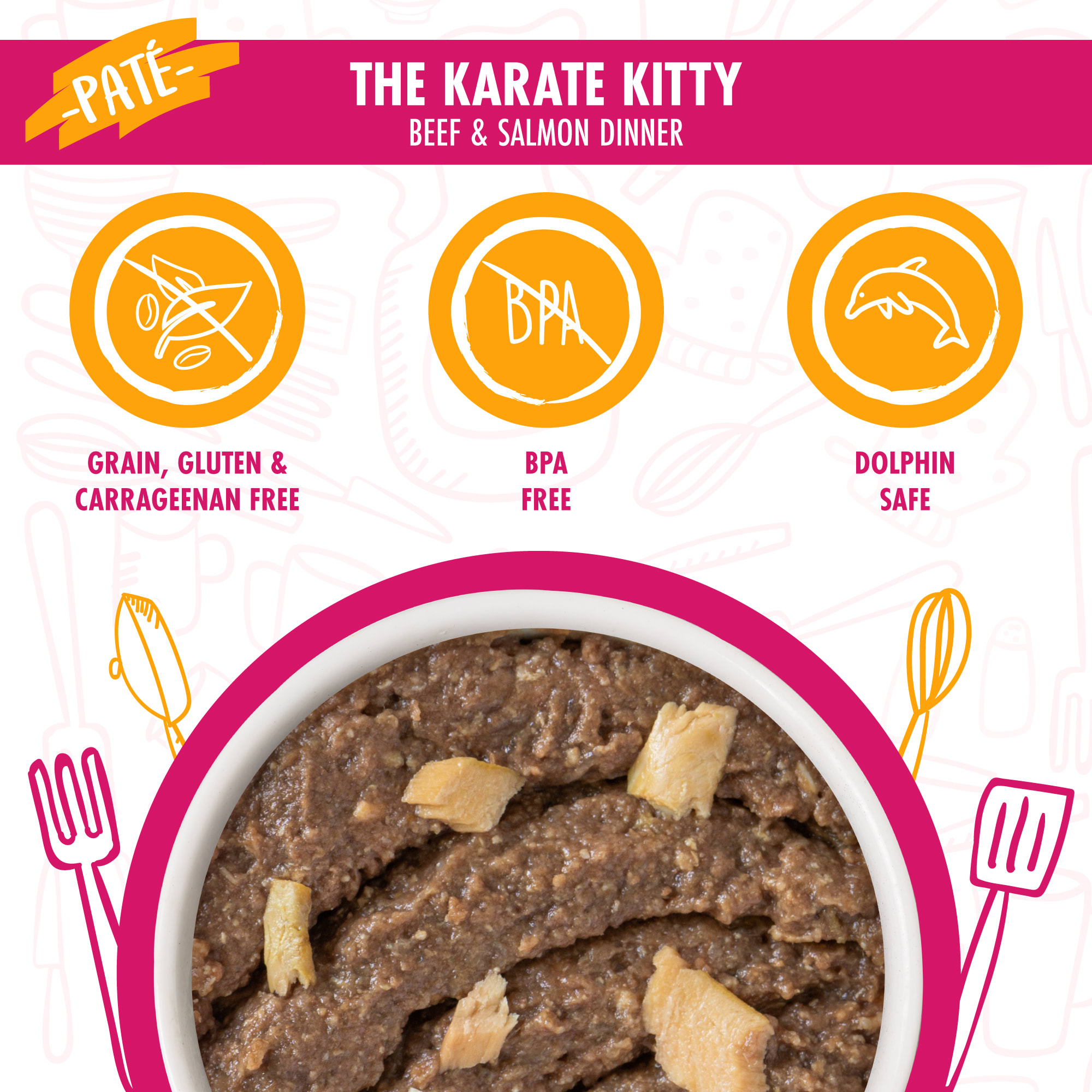 CATS IN THE KITCHEN Slide 'n Serve Pate The Karate Kitty Beef amp; Salmon Dinner Wet Food， 3 oz.， Case of 12