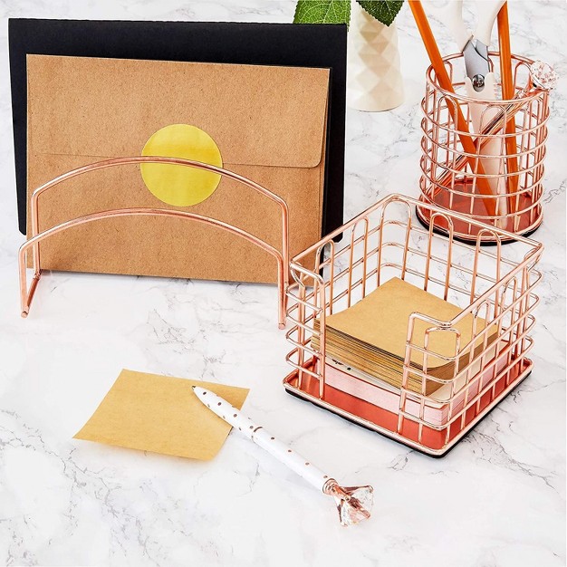 Paper Junkie 3 pc Set Rose Gold Office Supplies Desk Organizer Sticky Note Pen Letter Holder