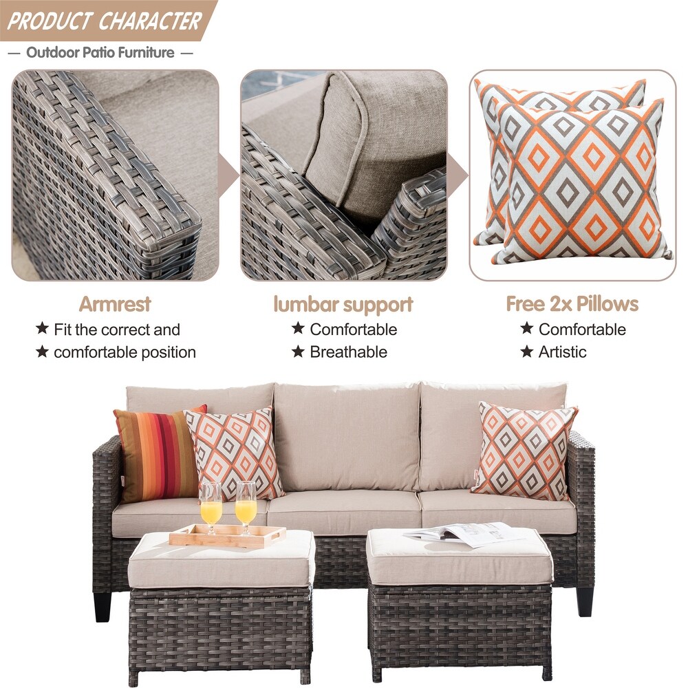 OVIOS 3 piece Outdoor High back Wicker Sectional Ottoman Set