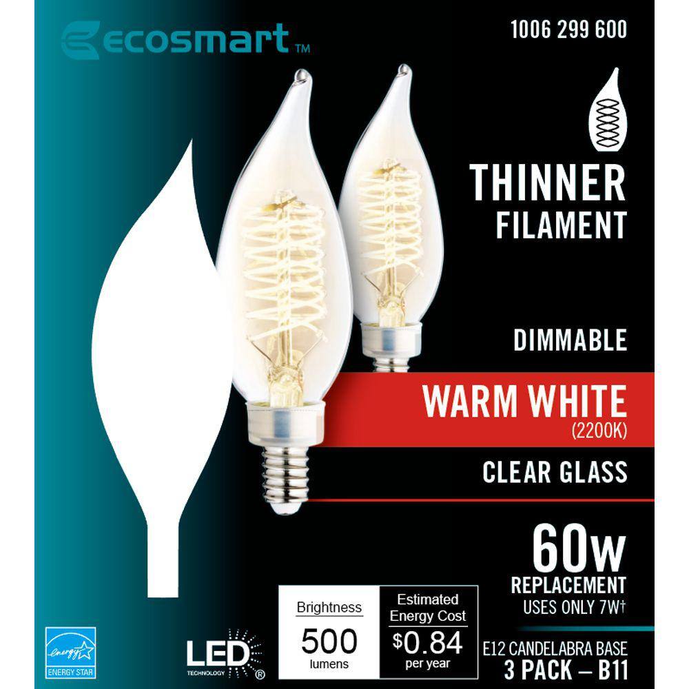 EcoSmart 60-Watt Equivalent BA11 Dimmable E12 Candelabra Fine Bendy Filament LED Vintage Edison Light Bulb Warm White (3-Pack) BA11C7E12822S