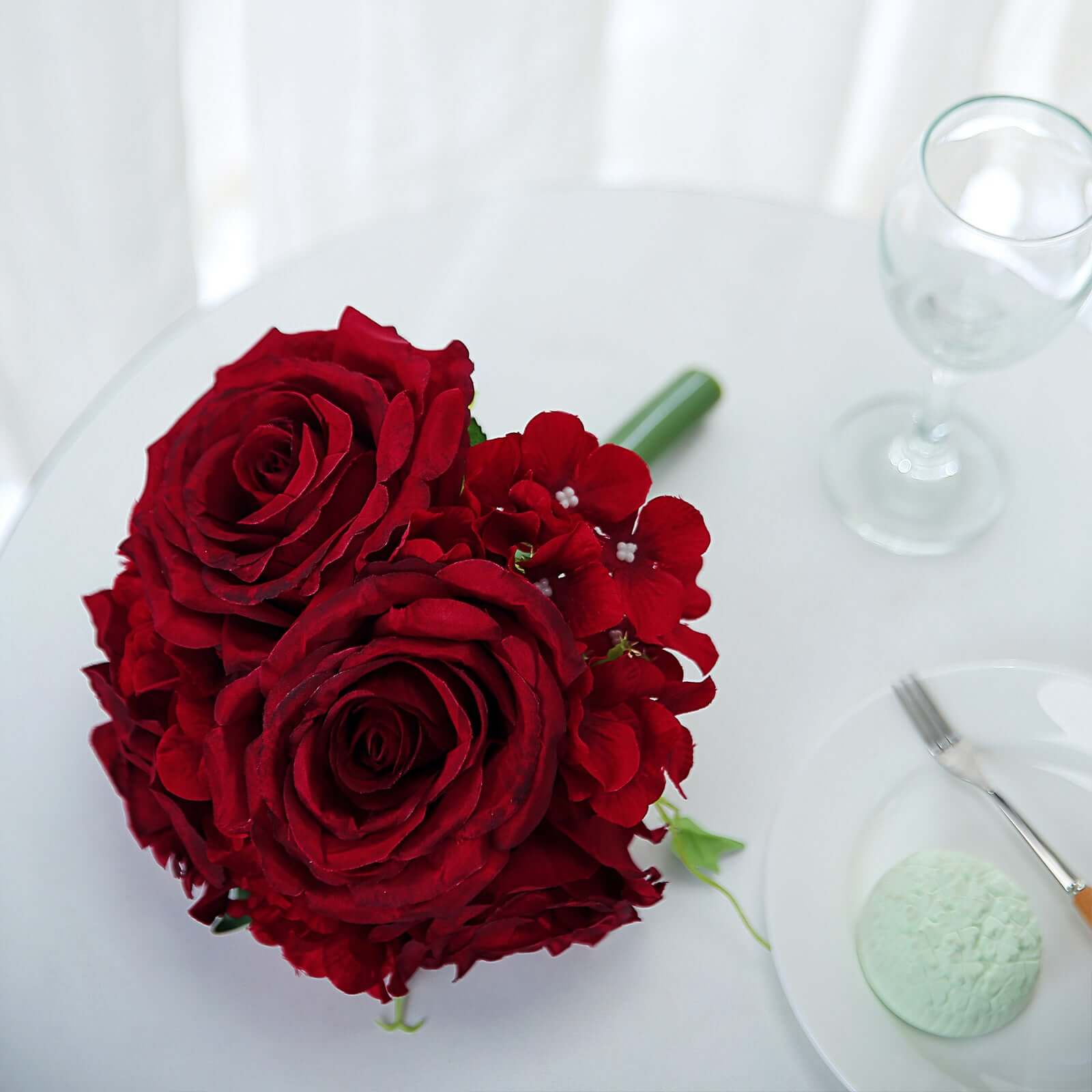 2 Bushes Burgundy Artificial Silk Rose and Hydrangea Flower Bouquets