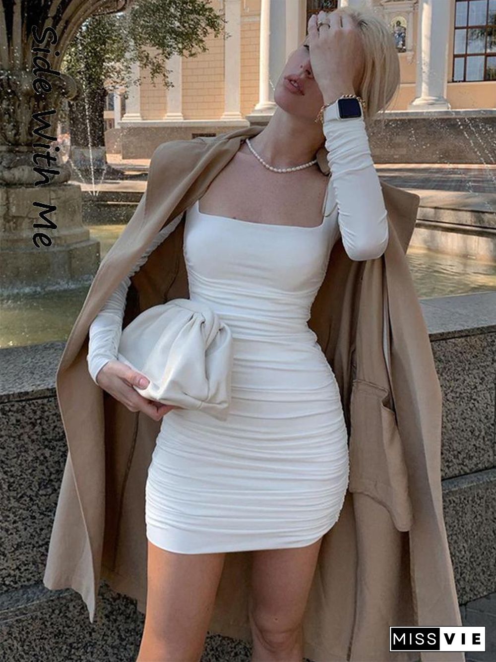 SideWith Me Square Collar Long Sleeve Bodycon Sexy Mini Women Dresses Summer Party Club Elegant Folds Robe DressFor Women