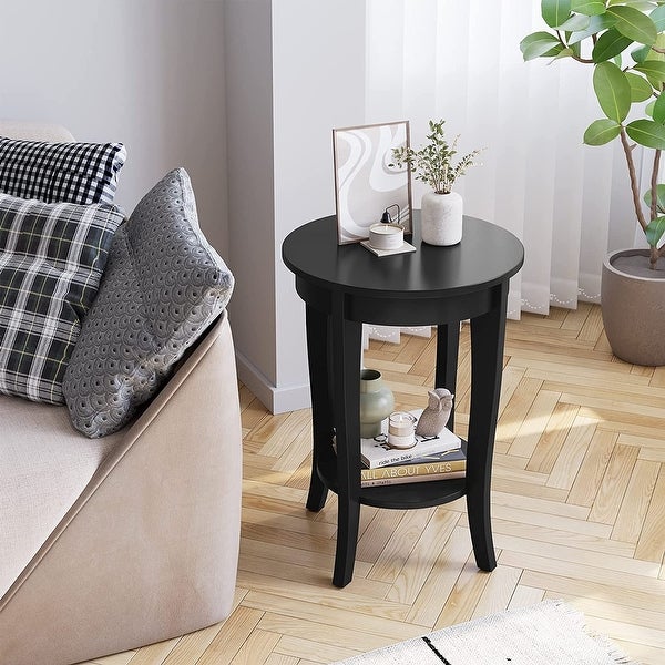 End Table Living Room Small Side Table with 2-Tier Storage Shelves，Round Bedside Tables