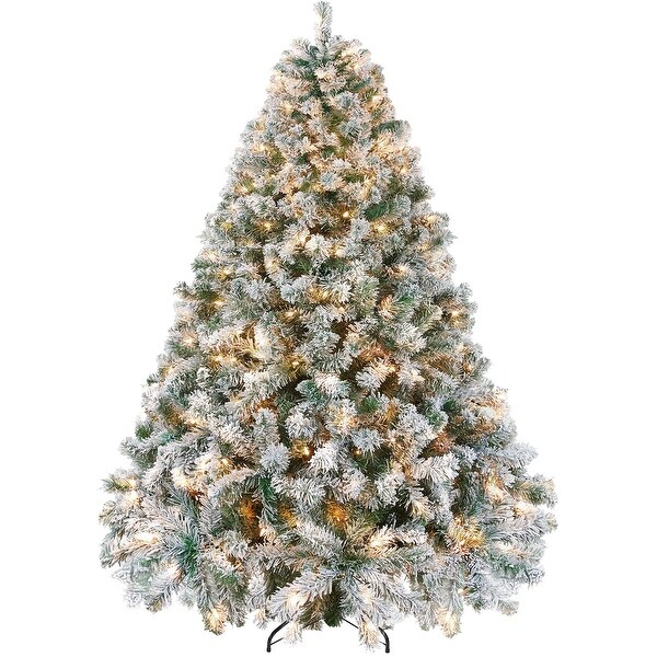 7.5ft Prelit Artificial Christmas Tree with Incandescent Warm White Lights，Snow Flocked Full Prelighted Xmas Tree