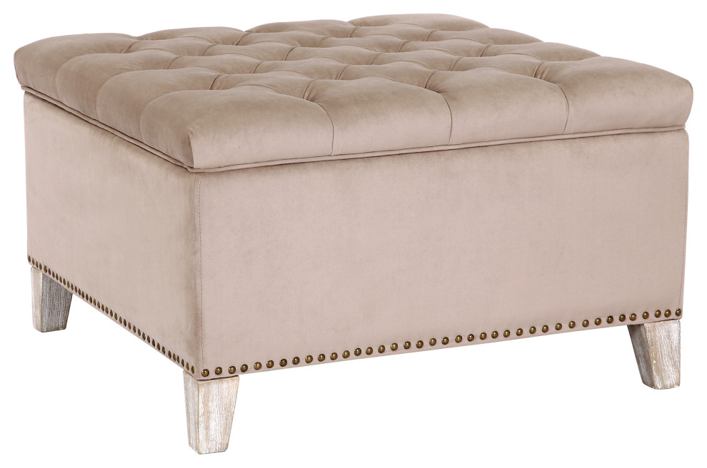 Wordford Square Velvet Tufted Storage Ottoman  Velvet Taupe   Midcentury   Footstools And Ottomans   by WestinTrends  Houzz