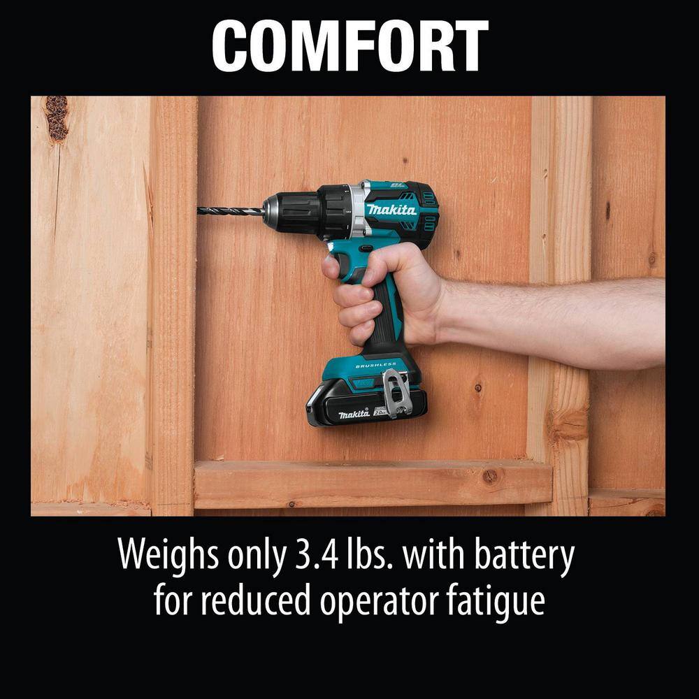 Makita 18V LXT Lithium-Ion Compact Brushless Cordless 12 in. Driver-Drill Kit w (2) Batteries (2.0Ah) Charger Bag XFD12R