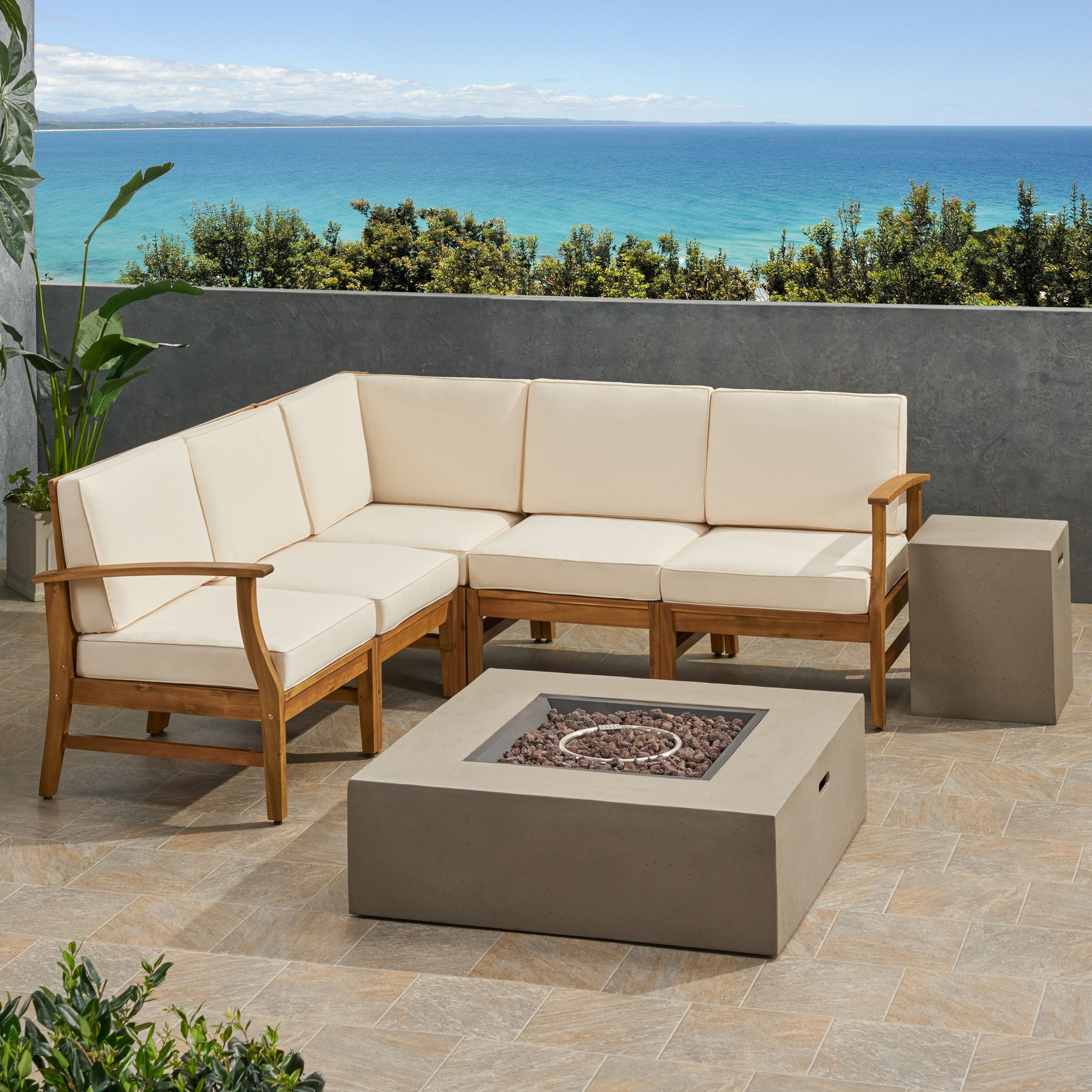 Nyeemah Outdoor 5 Seater V-Shaped Acacia Wood Sofa Set with Square Fire Table and Tank