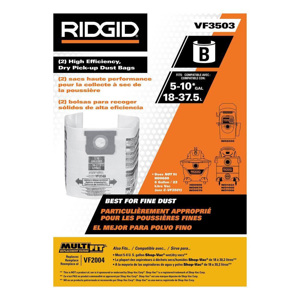 RIDGID High-Eff. Size B Dust Collection Bags for 5-8 Gal. Shop-Vac Branded Vacs 5-10 Gal. RIDGID Vacs except HD0600 (12-Pack) VF3503B