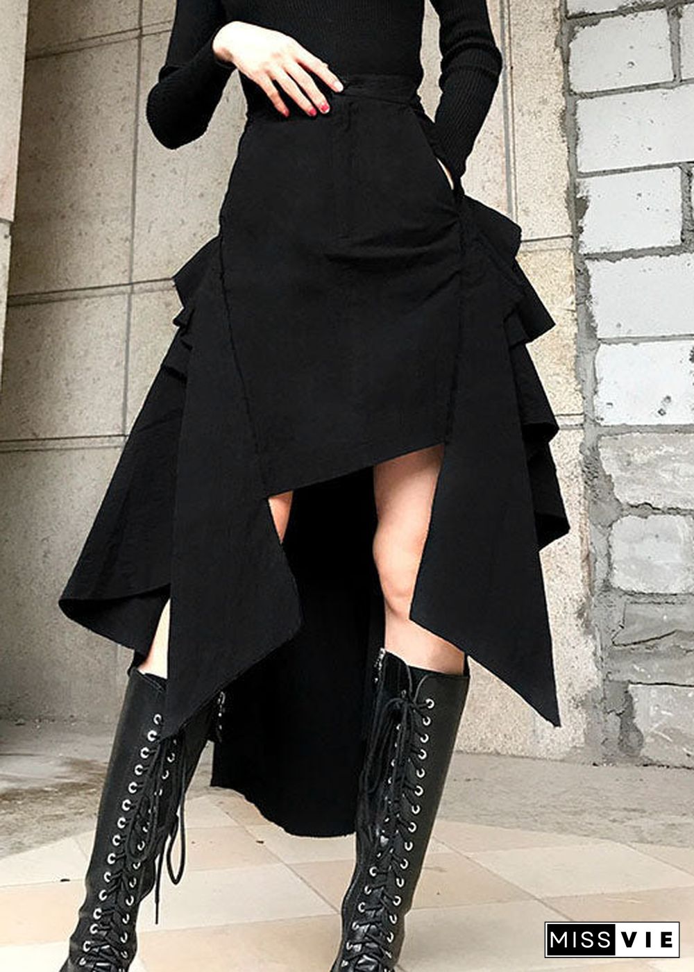 Stylish black button pockets Asymmetrical Skirts Spring