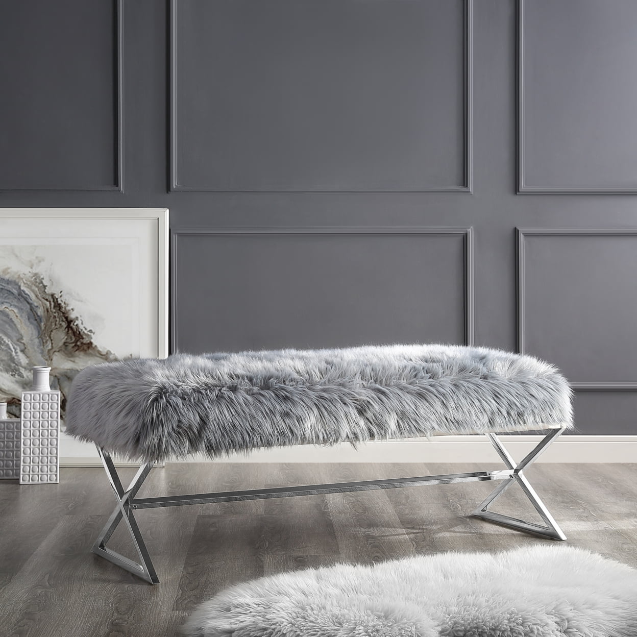 Liam Faux Fur Bench-Stainless Steel Legs-Living-room, Entryway, Bedroom-Inspired Home