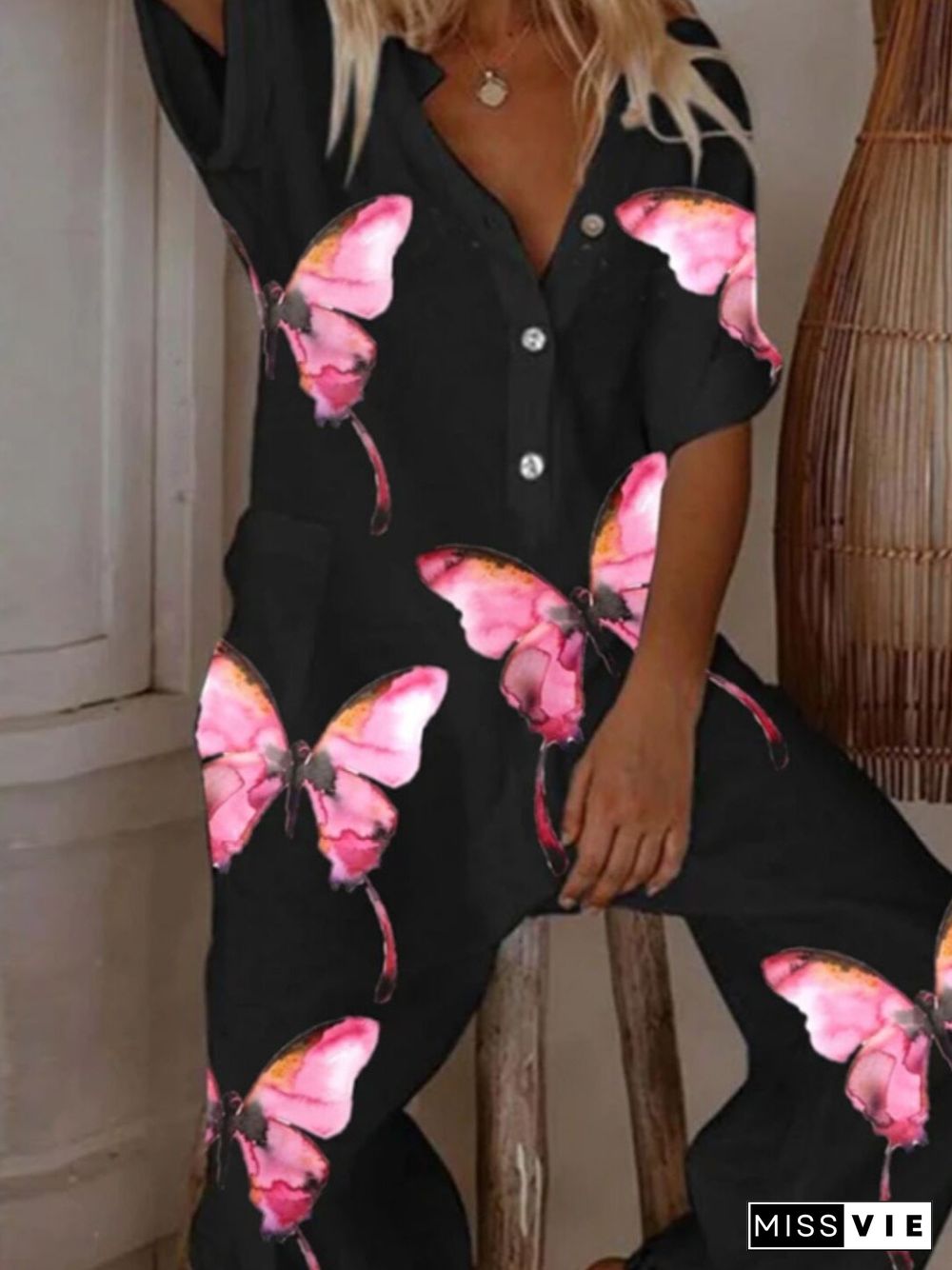 Pink Butterfly Women Loose Black Jumpsuit