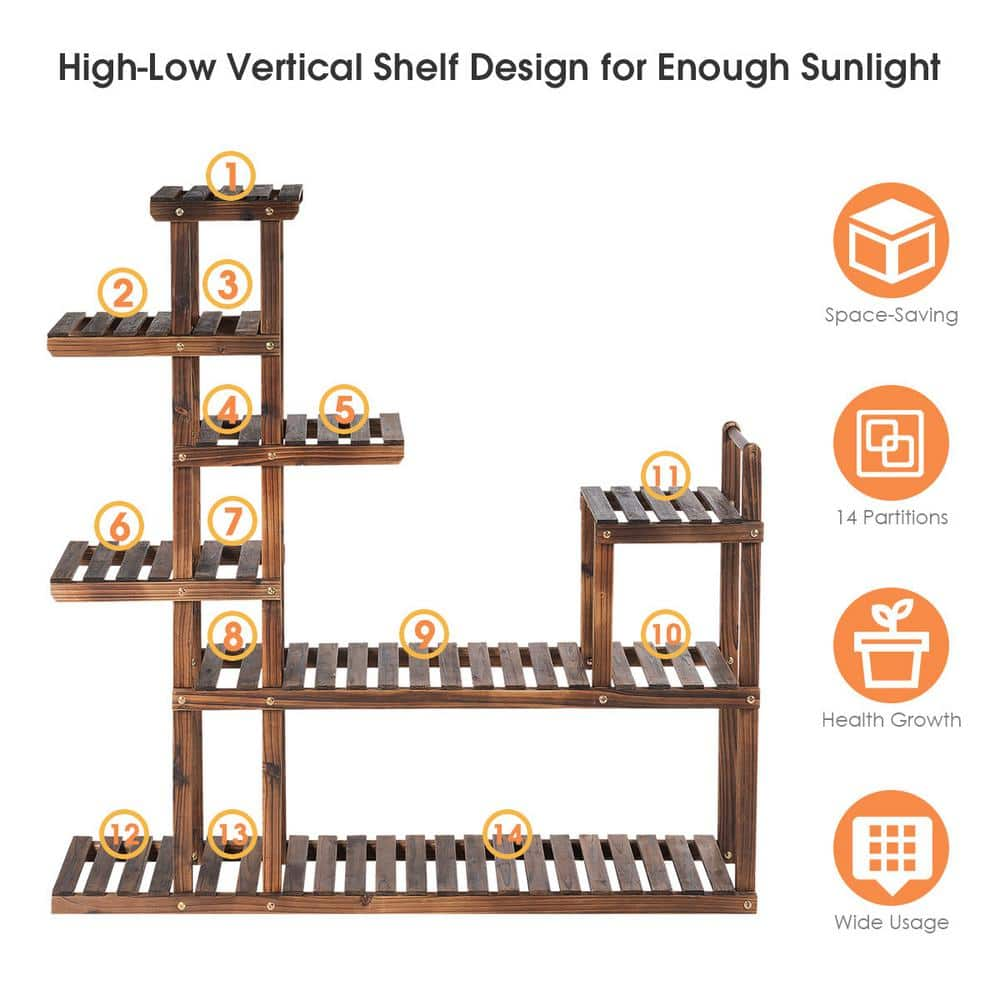 HONEY JOY 47.5 in. x 10 in. x 47.5 in. Indoor/Outdoor Brown Wood Plant Stand Rack with Hollow-Out Storage Shelf ( 7-Tier ) TOPB002602