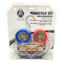 Appli Parts Manifold Gauge Set R134/R22/R404/R410 Pressure psi Temperature Fahrenheit Scales Brass Body Includes 5/16in to 1/4in SAE Adapter and 36in Hose Set 1/4in SAE APMG-A3B36