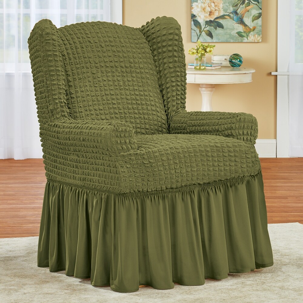 Textured Squares Ruffled Slipcover   Wing Chair