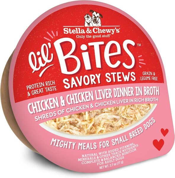 Stella and Chewy's Lil Bites Savory Stews Grain-Free Chicken and Chicken Liver in Broth Flavored Shredded Small Breed Wet Dog Food， 2.7-oz cup， case of 12